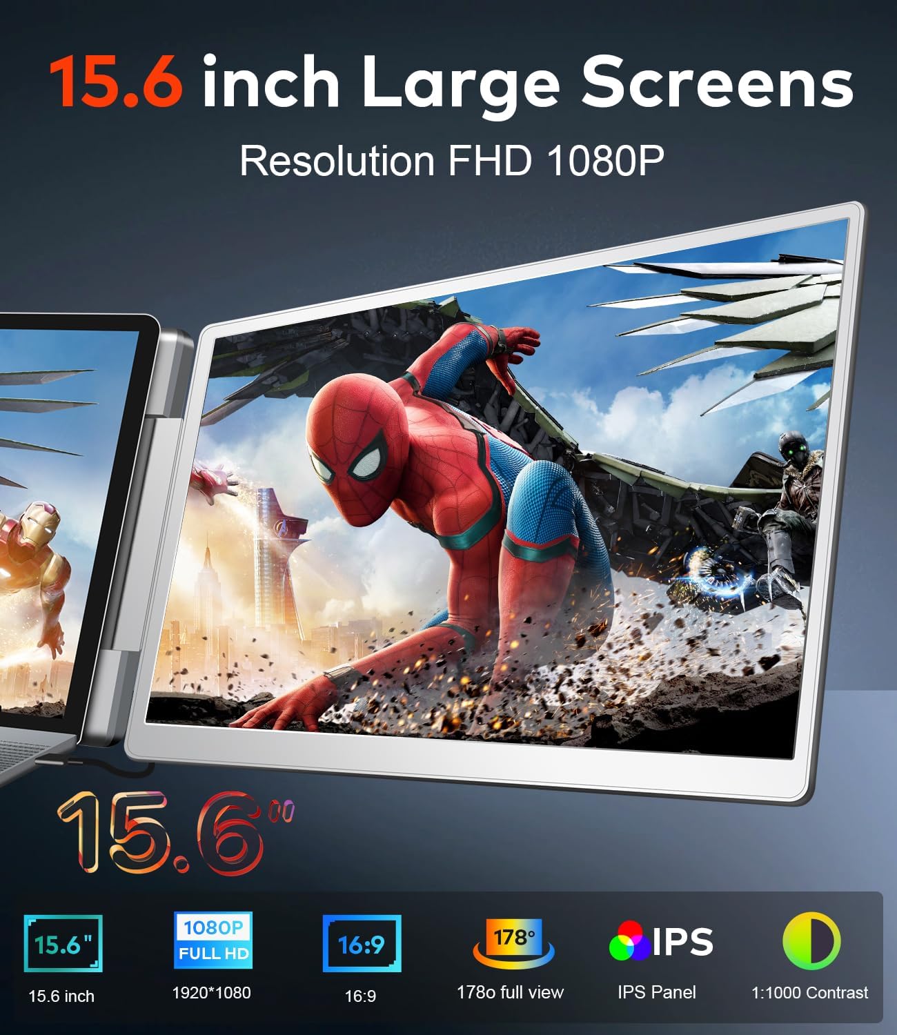 15.6" Laptop Screen Extender  Left Screen 360° Flip Triple Screen Monitor Extender  FHD 1080P IPS Portable Travel Monitor Display  fit for 12–18.5" Laptops  Compatible with Windows and MacBook-S10