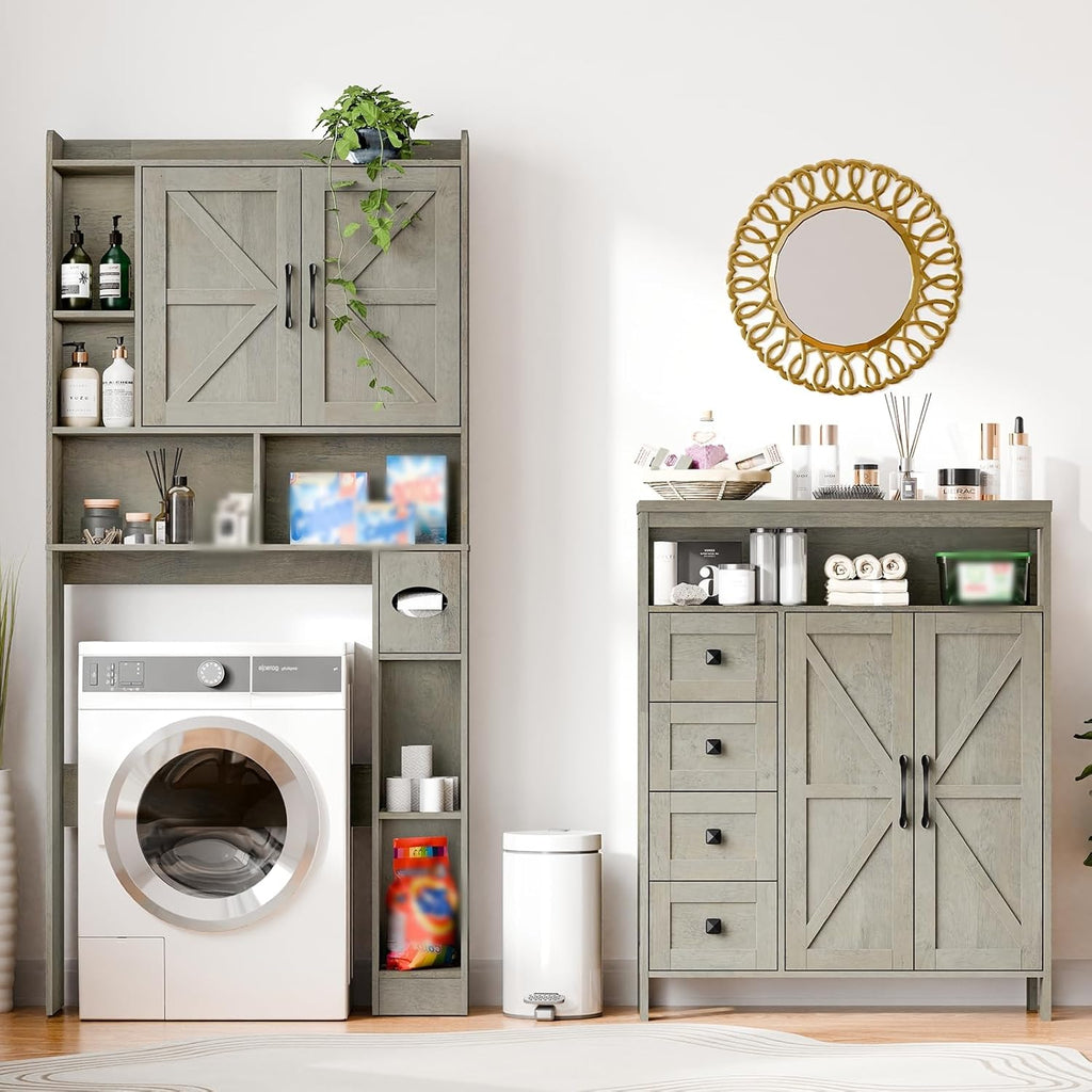 Vabches Farmhouse Storage Cabinet with 2 Doors and 4 Drawers, Freestanding Bathroom Storage Cabinet Kitchen Pantry Cabinet, Floor Cabinets Hutch Cupboard for Kitchen/Living Room/Bathroom.Grey Oak.