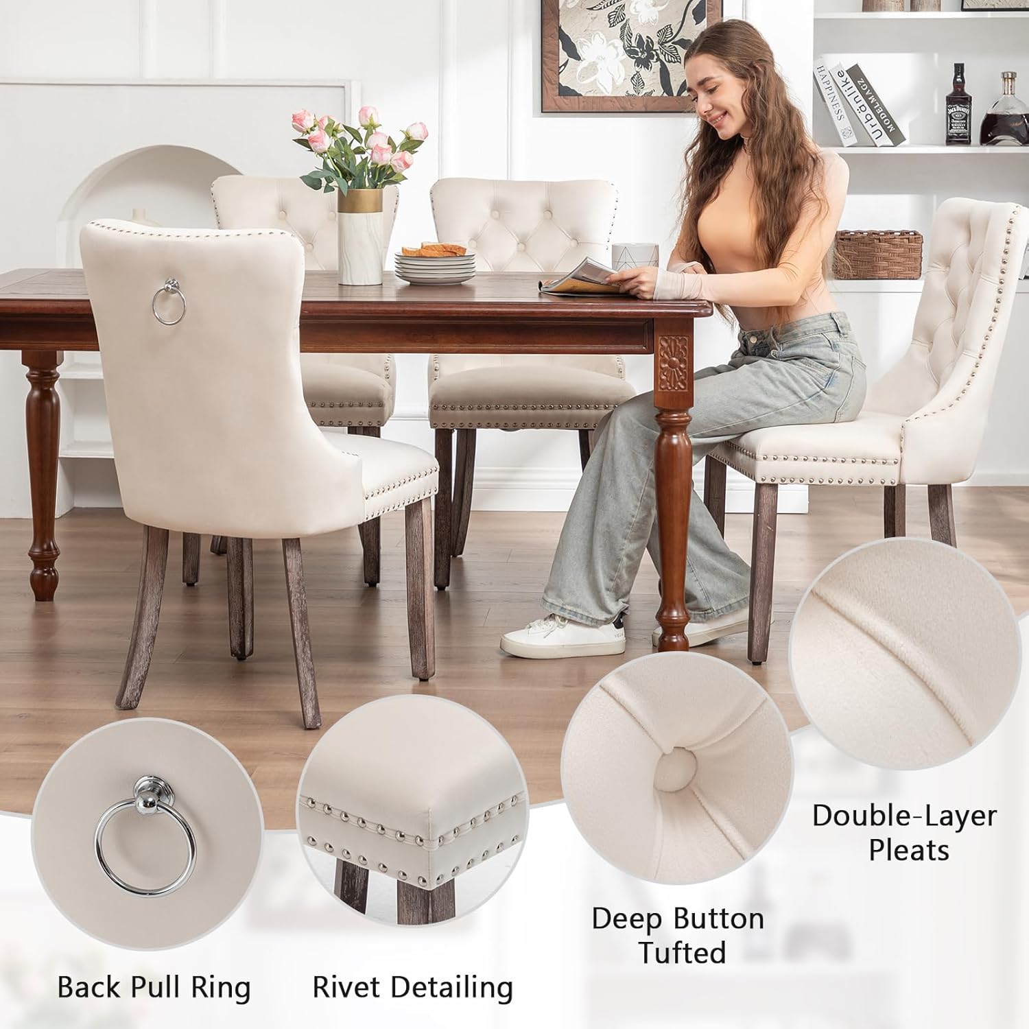 Velvet Dining Chairs Set of 4, Upholstered Dining Room Chairs with Nailhead Ring Pull Trim, Button Tufted Wing Back Chairs for Dining with Solid Wood Legs for Kitchen Dining Room(Beige)