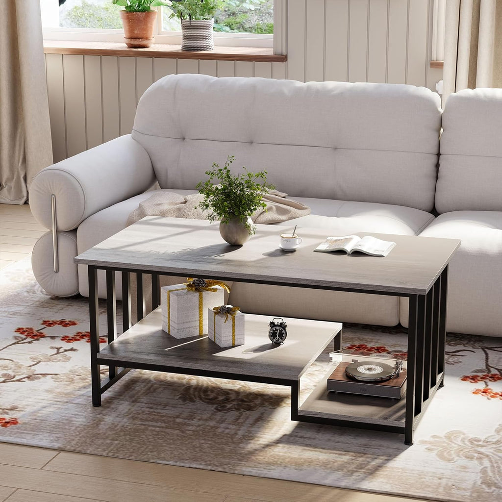 Coffee Table, 39 Inch 2-Tier Farmhouse Rustic Coffee Table with Storage, Modern Rectangle Wooden Center Table, for Living Room, Small Space, Easy Assembly, Wash Gray
