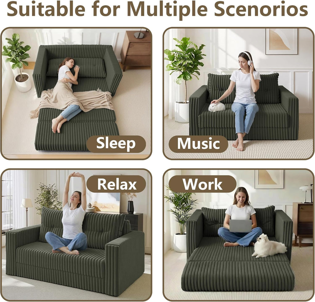 HABUTWAY Folding Sofa Bed, 2 in 1 Convertible Sleeper Chair with Pillow, Portable Fold Out Chair Bed with Armrest, Comfy Floor Couch, Lazy Sofa for Living Room Bedroom Dorm Home Office, Green