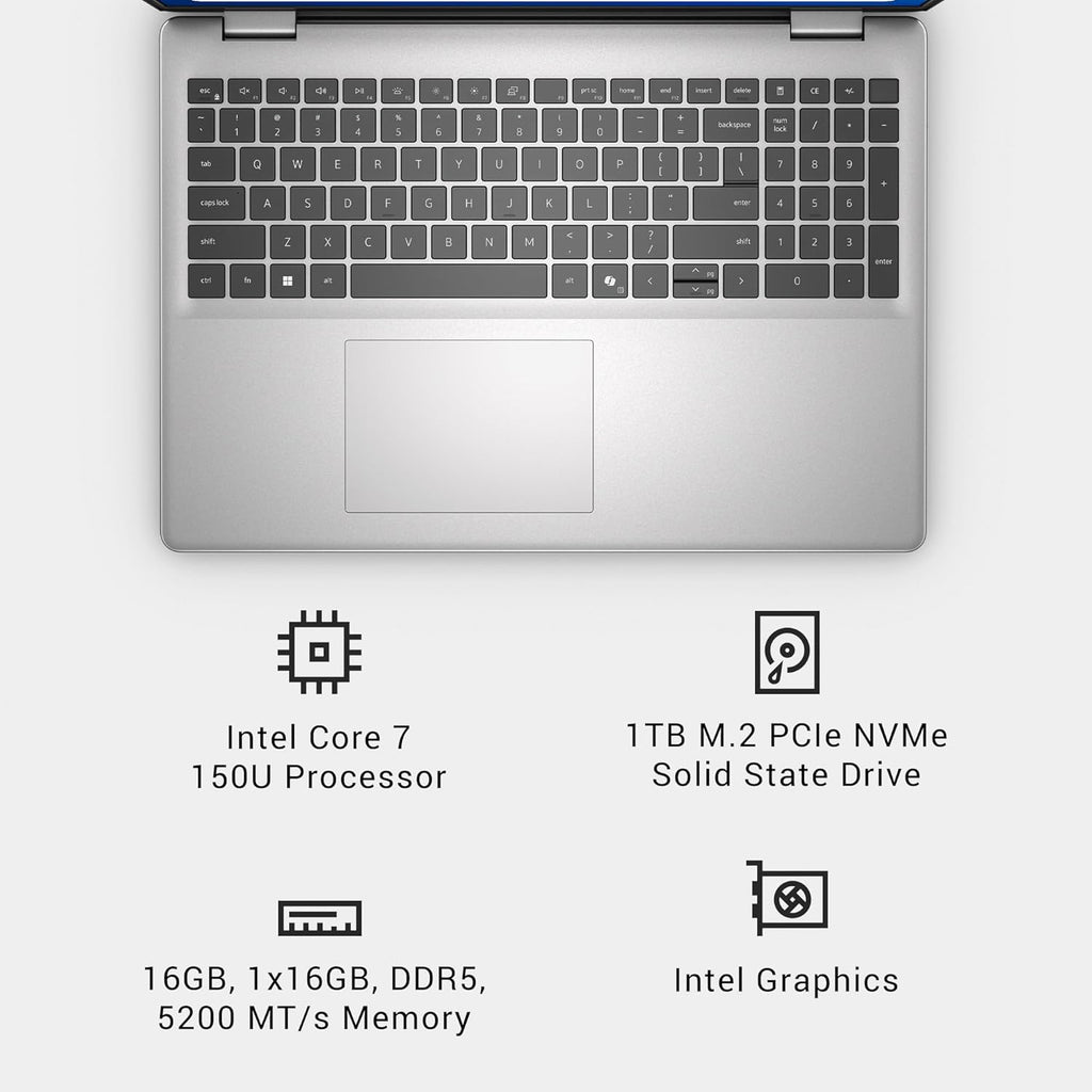 Dell 16 Laptop DC16251-16.0-inch 16:10 FHD+ Display  Intel Core 7 150U  16GB DDR5 RAM  1TB SSD  Intel Graphics  Windows 11 Home  Onsite Service - Platinum Silver