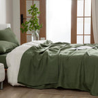 EVERLY Linen Queen Sheets Set, 100% Stonewashed French Linen Bed Sheets Deep Pocket Sheets, 4 Pieces (1 Flat Sheet, 1 Fitted Sheet, 2 Pillowcases) Natural Flax Bedding Set-Mossy Green