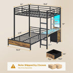 ADORNEVE Bunk Bed with Desk, Full Over Full Bunk Beds with Charging Station & Led Lights, 4 Storage Drawers & 2 Open Storage Shelves, Metal Loft Bed with Safety Guardrail & Ladder for Kids/Teen, Black
