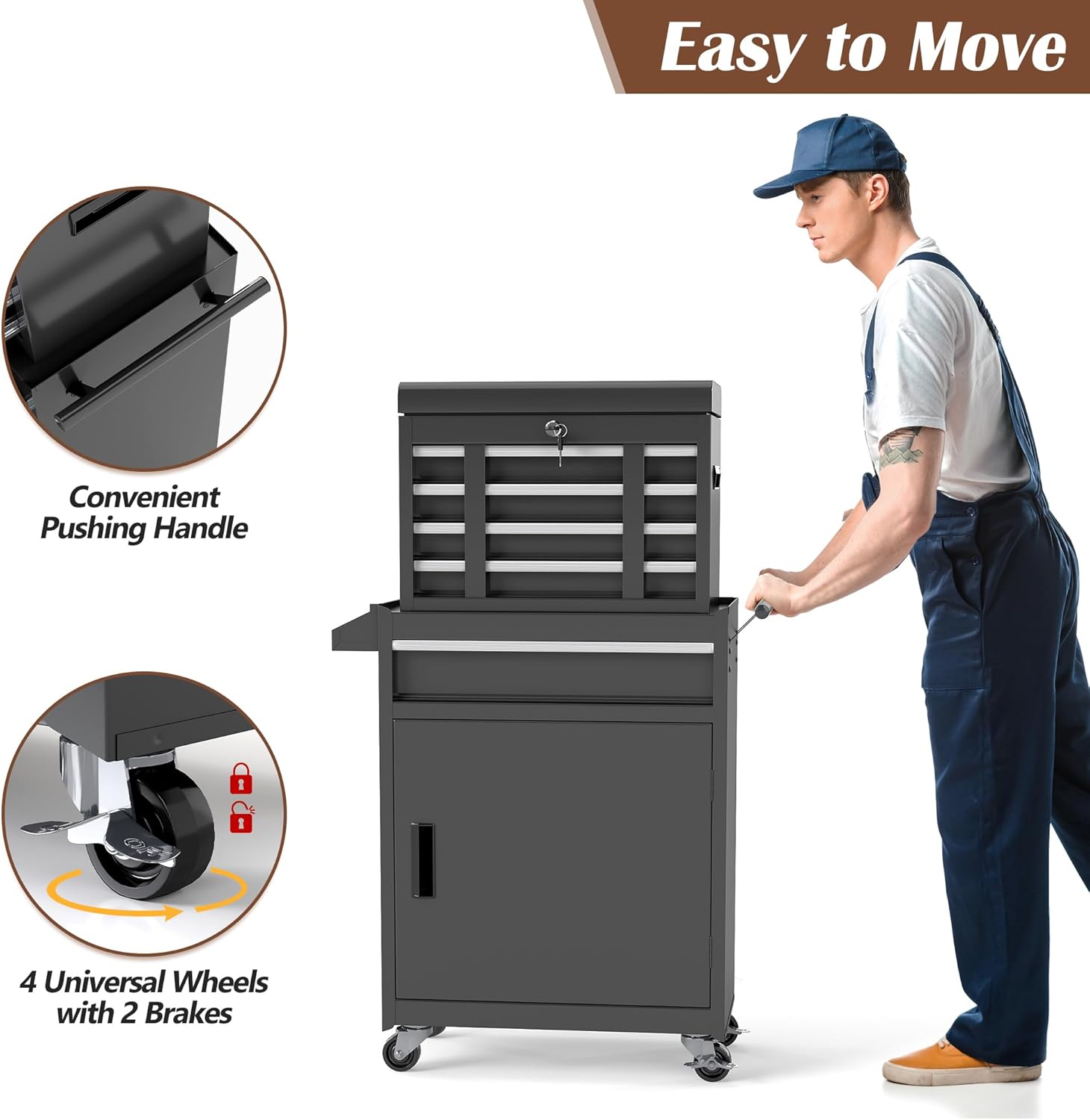 Tool Chest, 5 Drawer Rolling Tool Storage Cabinet with Detachable Top Tool Box, Metal Tool Cart with Lockable Wheels & Sliding Drawers for Garage, Workshop