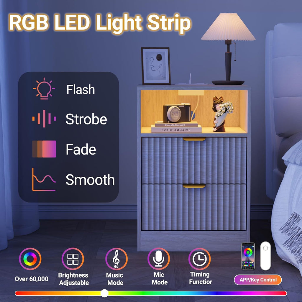 LED Nightstand with Charging Station, Fluted Nightstand Set of 2, Wood Nightstands with 2 Drawers & Metal Handles, Modern Bedside Table & End Tables, Farmhouse Night Stands for Bedroom, Natural
