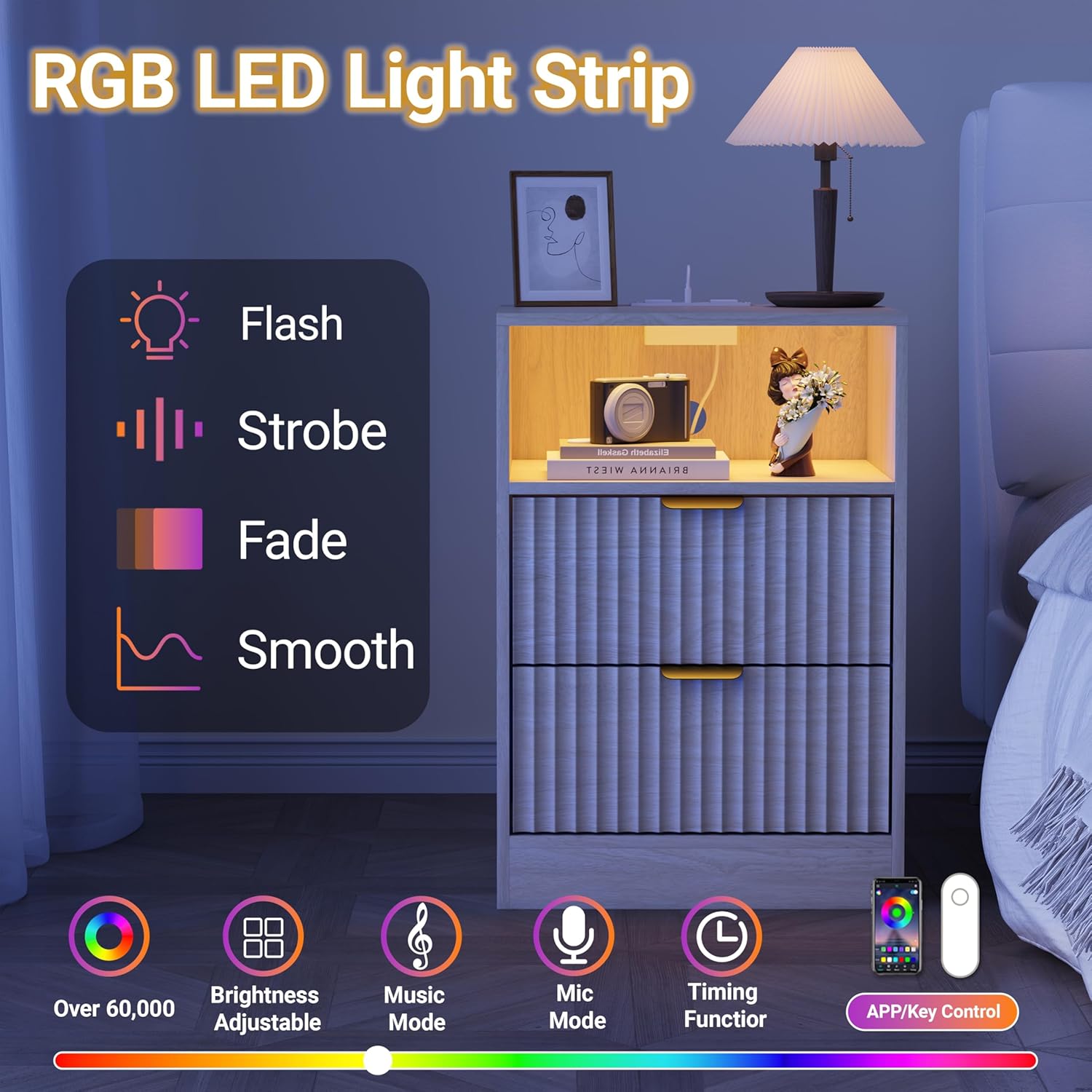 LED Nightstand with Charging Station, Fluted Nightstand Set of 2, Wood Nightstands with 2 Drawers & Metal Handles, Modern Bedside Table & End Tables, Farmhouse Night Stands for Bedroom, Natural