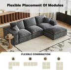 108" Plush Corduroy L Shaped Sectional Cloud Sofa Couch with Ottoman, Soft Deep Seat Modular Sectional Couches for Living Room,No Assembly. Grey