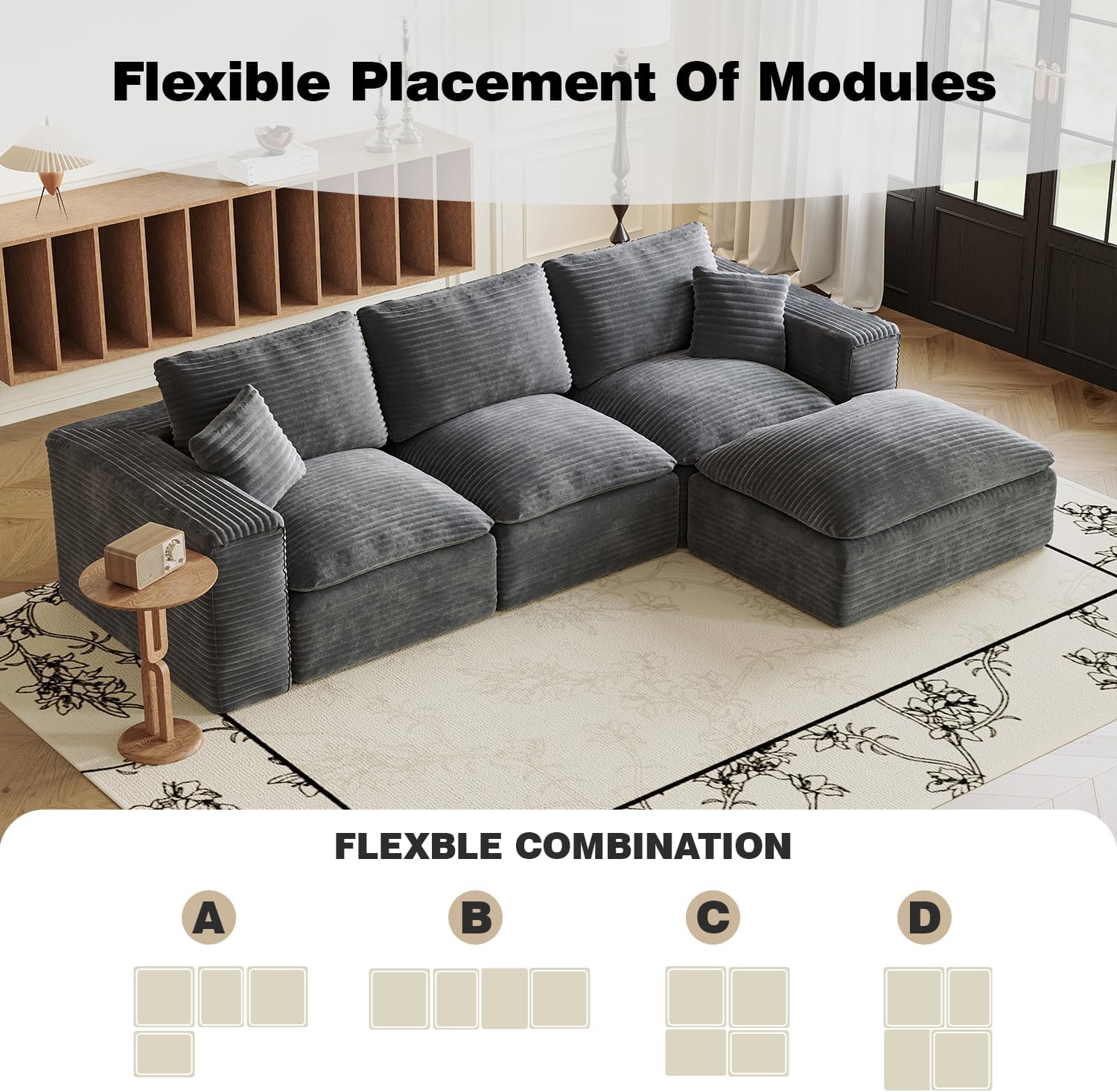 108" Plush Corduroy L Shaped Sectional Cloud Sofa Couch with Ottoman, Soft Deep Seat Modular Sectional Couches for Living Room,No Assembly. Grey