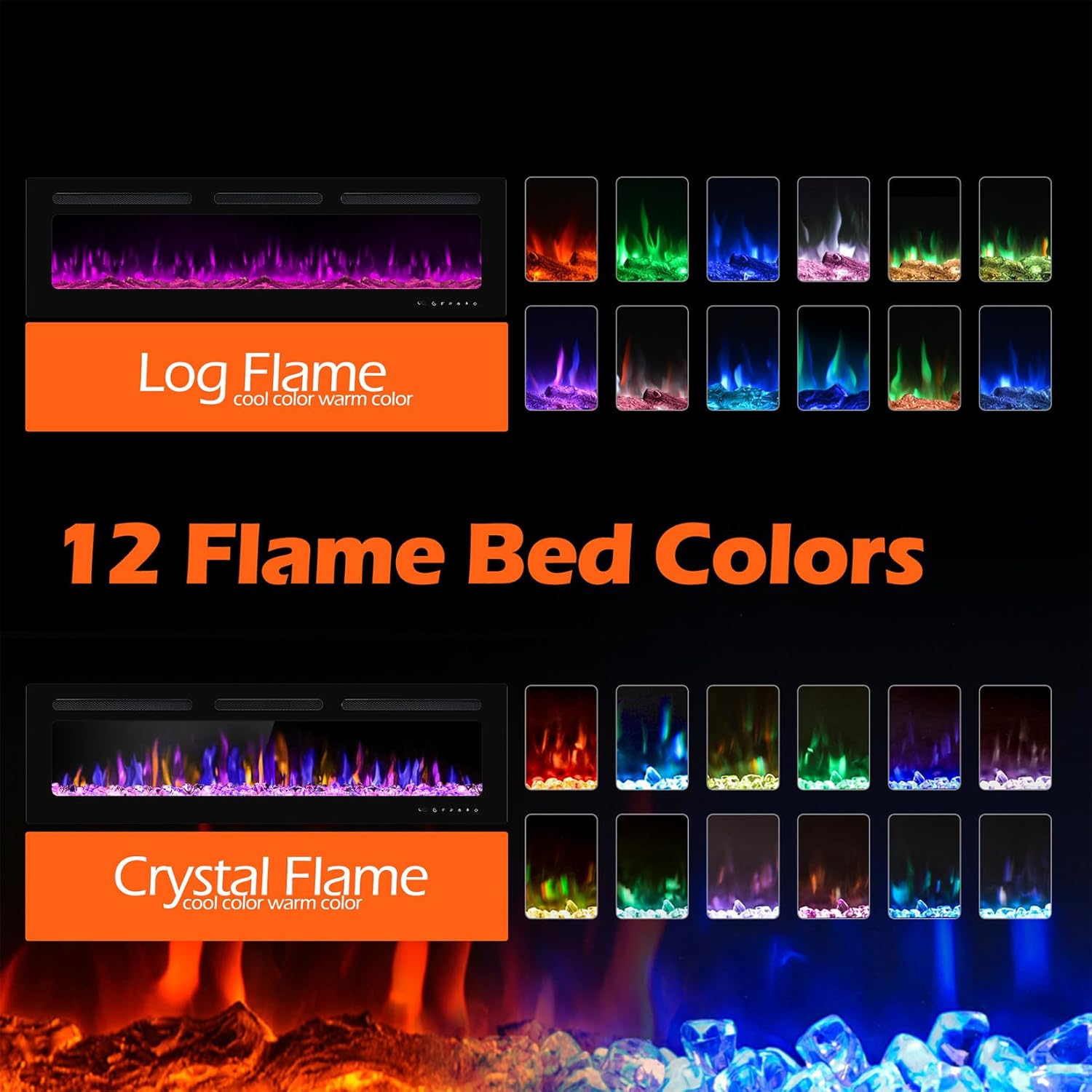 60" Electric Fireplace Wall Mounted and Recessed with Remote Control, 750/1500W Ultra-Thin Wall Fireplace Heater W/Timer Adjustable Flame Color and Brightness, Log Set & Crystal Options