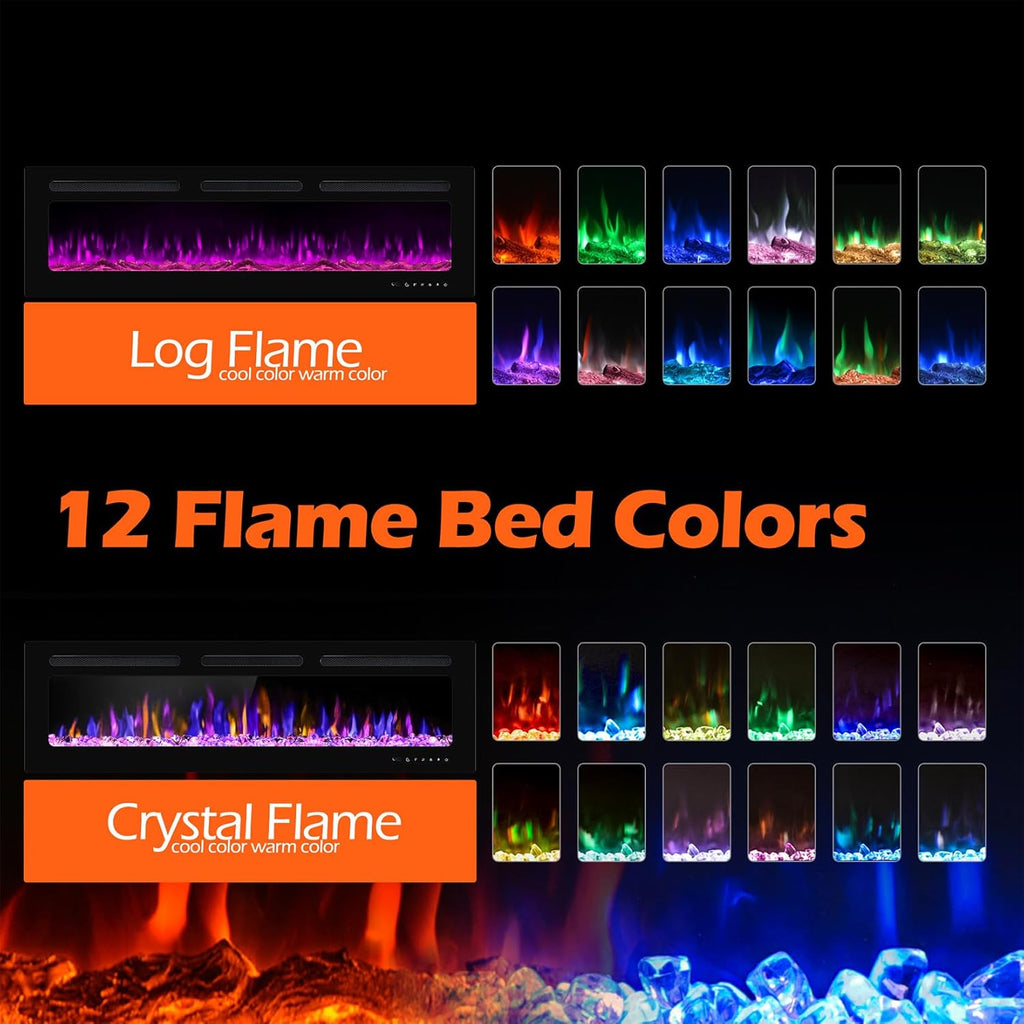 60" Electric Fireplace Wall Mounted and Recessed with Remote Control, 750/1500W Ultra-Thin Wall Fireplace Heater W/Timer Adjustable Flame Color and Brightness, Log Set & Crystal Options