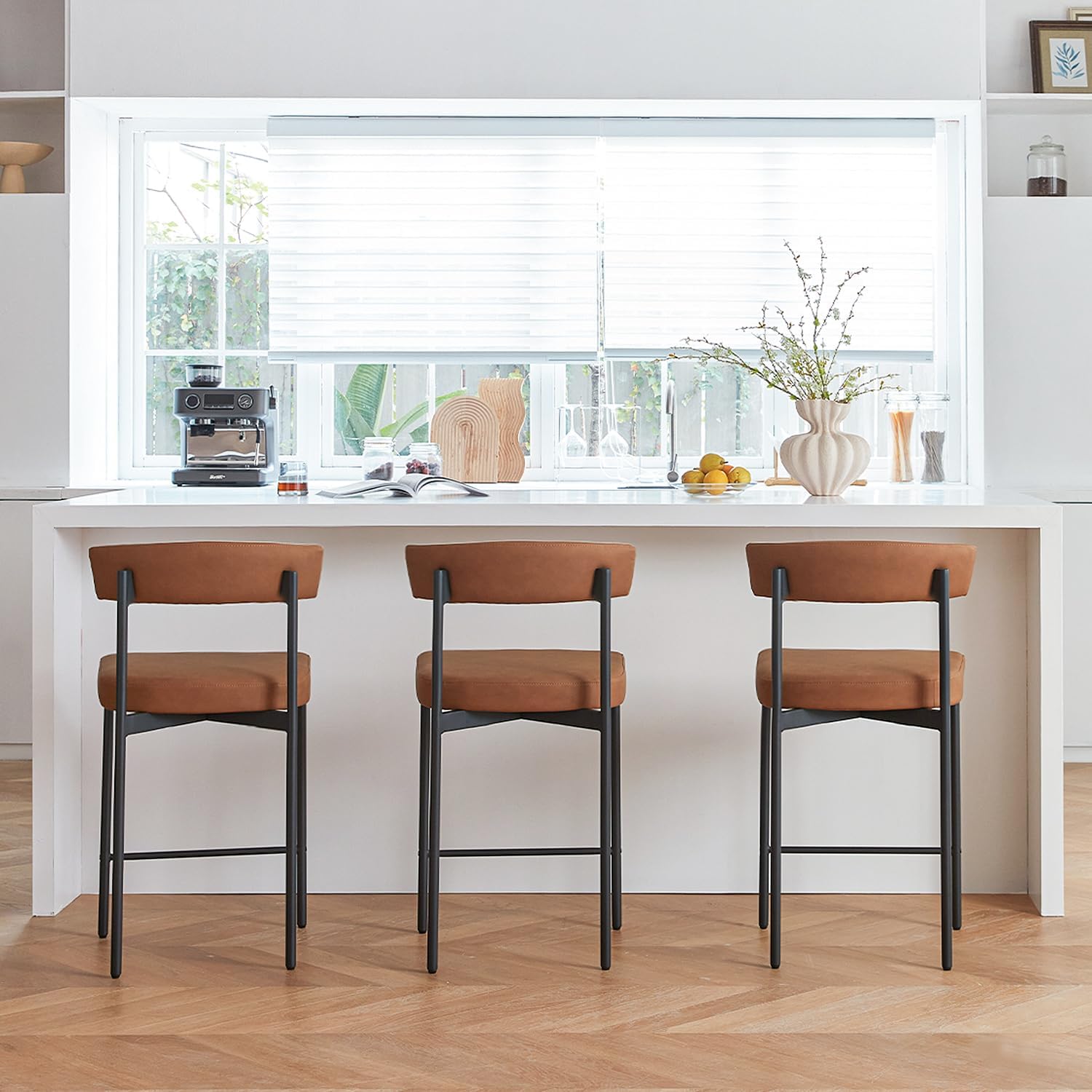 Brown Modern Bar Stools Set of 3, 24 Inch Faux Leather Counter Stools with Curved Backrest, Counter Height Bar Stool for Kitchen Island