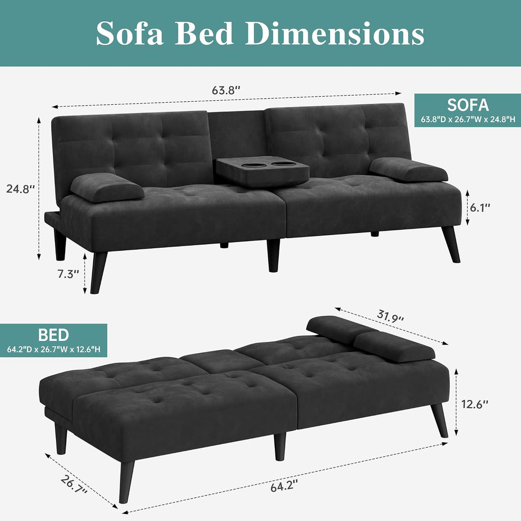 Meilocar 64" Futon Sofa Bed, 64" Convertible Loveseat with 2 Cup Holders, Small Couch with 3 Adjustable Angles & Removable Armrest, Sleeper Sofa for Apartment, 5.3 FT, Black