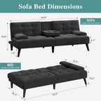 Meilocar 64" Futon Sofa Bed, 64" Convertible Loveseat with 2 Cup Holders, Small Couch with 3 Adjustable Angles & Removable Armrest, Sleeper Sofa for Apartment, 5.3 FT, Black