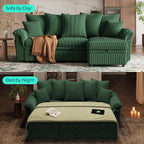 LINSY HOME 90.5'' Sectional Sleeper Sofa with Pull Out Couch Bed Modular (Green, 90.5'') | USB Charging, Pillow-style Armrest, Multiple Cushions, Storage Chaise, Corduroy Fabric