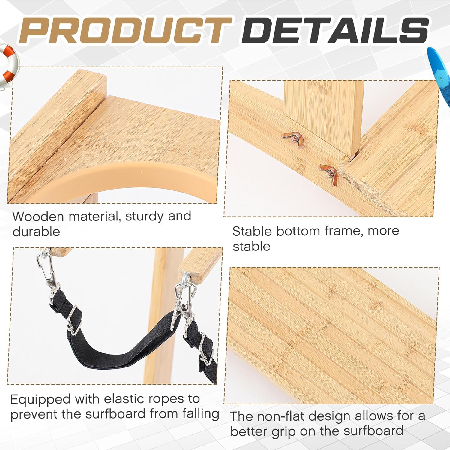 CroBlissful Surfboard Rack Freestanding Vertical Surf Board Stand for 4 Boards Bamboo Display Rack for Shortboard, Snowboard, Skateboard, Ski and Wakeboard