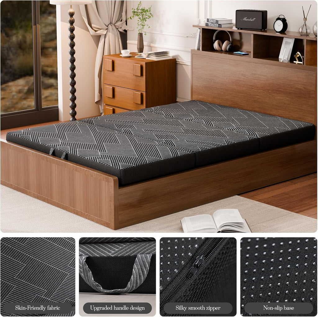 Tri Folding Mattress King Size - Foldable Mattress Trifold Memory Foam Mat with Washable Cover, Handle & Non-Slip Bottom Portable Foldable Floor Sofa Bed for Travel Camping Guest - 6 Inch, 80"x76"x6"