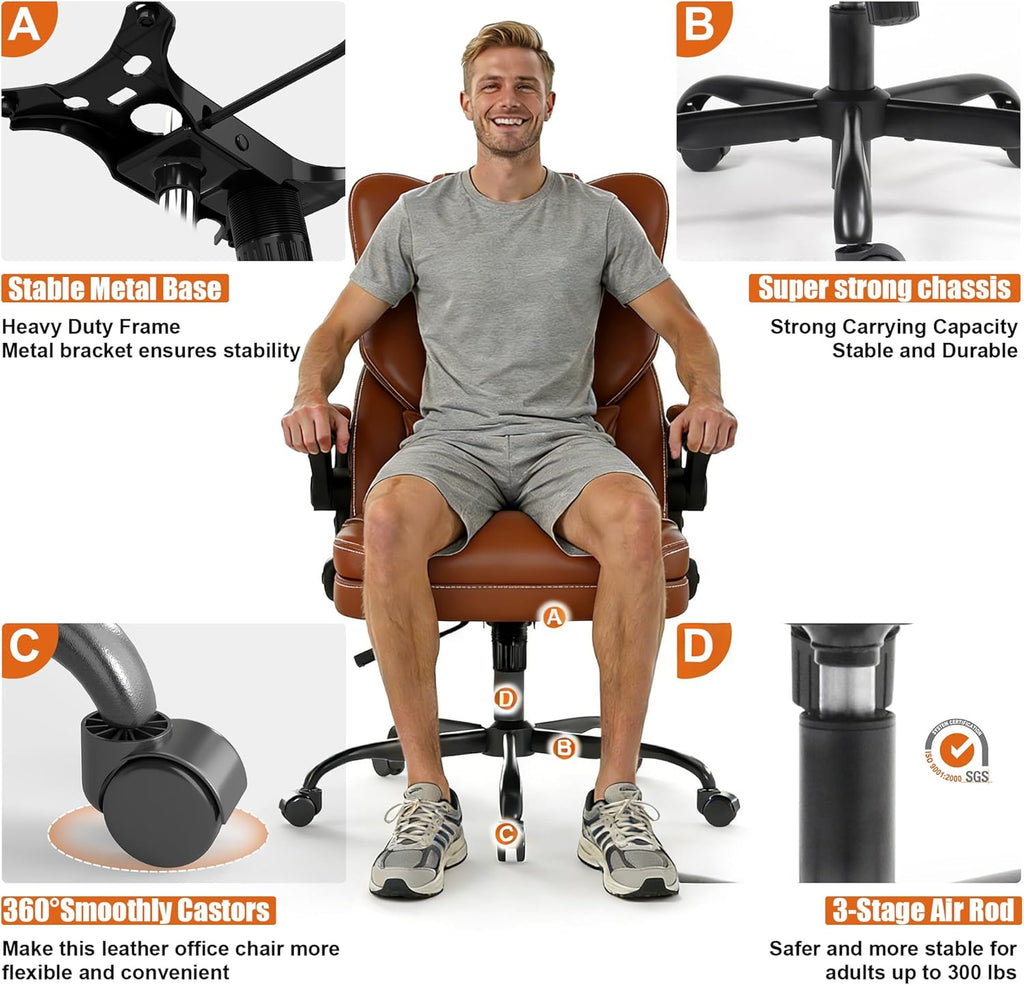 Ergonomic Office Chair with Flip-up Armrests 300lbs,Middle- Tall Computer Office Desk Chair with Lumbar Support,Executive PU Leather Chair with Rocking Function Adjustable Height for Home Office