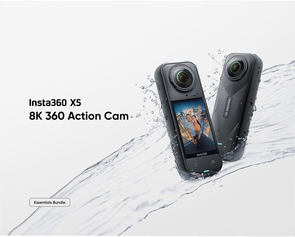 Insta360 X5 Essentials Bundle-8K Waterproof 360 Action Camera|Bundle Includes Selfie Stick  Extra Battery  Utility Fast Charge Case  Standard Lens Guards  Lens Cap  Carry Case