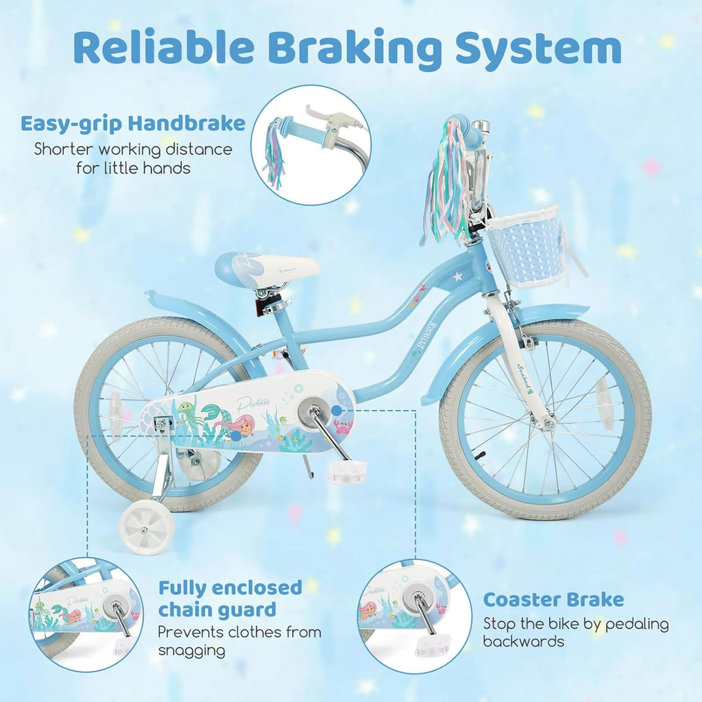 BABY JOY Kids Bike, 12" 14" 16" 18" Mermaid Girls Bike for 3-8 Years Old w/Basket, Training Wheels, Hand & Coaster Brakes, Adjustable Seat & Handlebar, 20" Children Bicycle with Kickstand for 8+