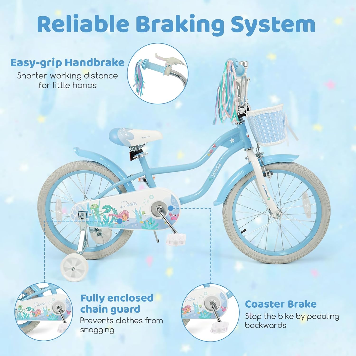 BABY JOY Kids Bike, 12" 14" 16" 18" Mermaid Girls Bike for 3-8 Years Old w/Basket, Training Wheels, Hand & Coaster Brakes, Adjustable Seat & Handlebar, 20" Children Bicycle with Kickstand for 8+