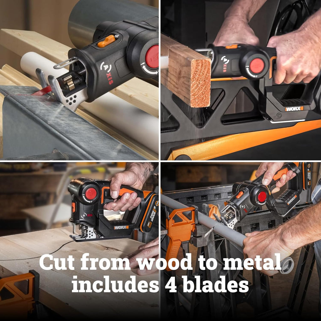 WORX Cordless Reciprocating Saw&Jigsaw, 20V ¾" 2-in-1 Saw, ¾" Stroke Length, 2-in-1 functions, 4 Blades for Different Materials, Compact&Lightweight Design, Battery and Charger Included, PowerShare