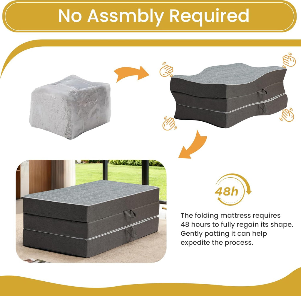 Tri Folding Mattress King Size - 6 Inch Dual-Layer Memory Foam Foldable Mattress Portable Floor Bed Sofa with Removable Washable Cover, Handle & Non-Slip Bottom for Guest, Camping, RV, Yoga, Home Use