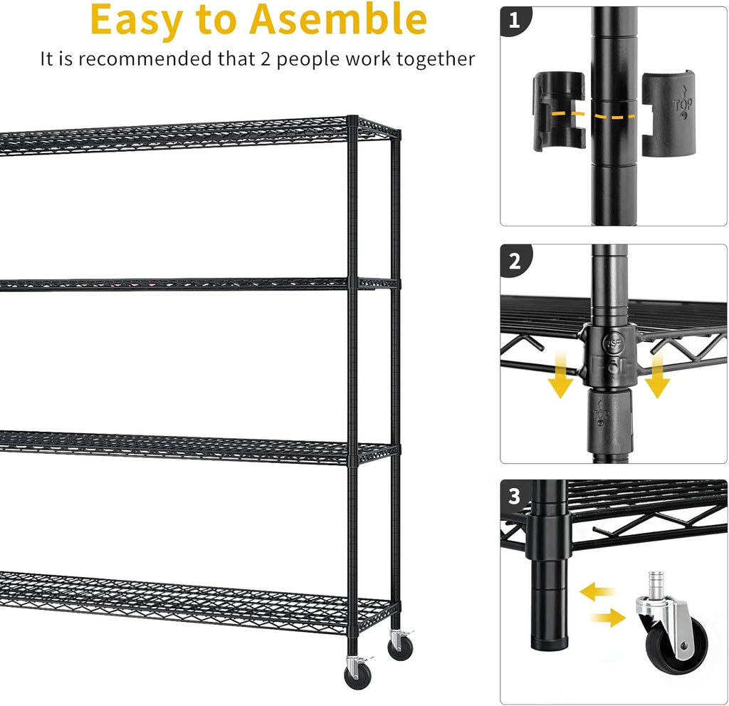 VINGLI 4 Tier Metal Storage Shelves 65''H Wire Shelving with Wheels for Storage Adjustable Heavy Duty Garage Shelving Storage Racks for Pantry Shelves Kitchen Office Garage, 65''H X63''W X23''D