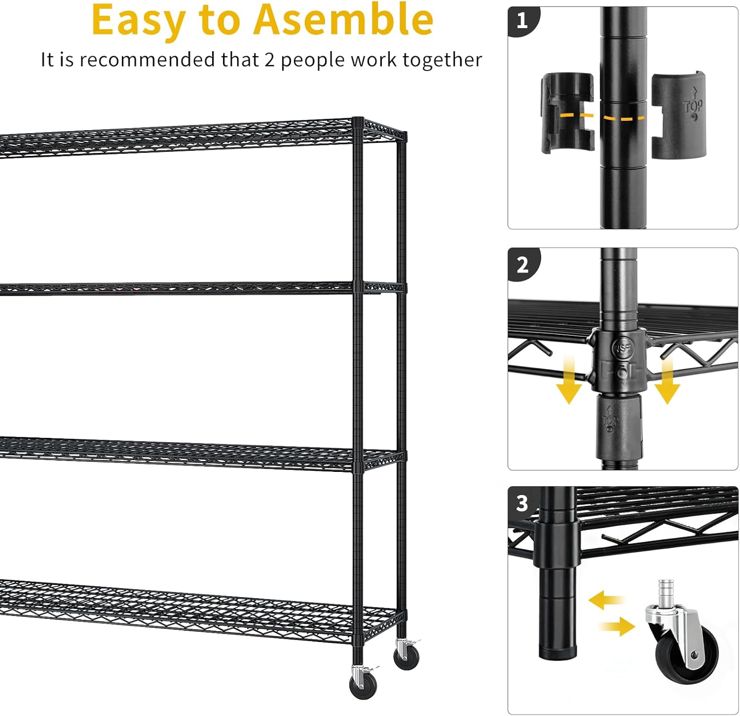 VINGLI 4 Tier Metal Storage Shelves 65''H Wire Shelving with Wheels for Storage Adjustable Heavy Duty Garage Shelving Storage Racks for Pantry Shelves Kitchen Office Garage, 65''H X63''W X23''D