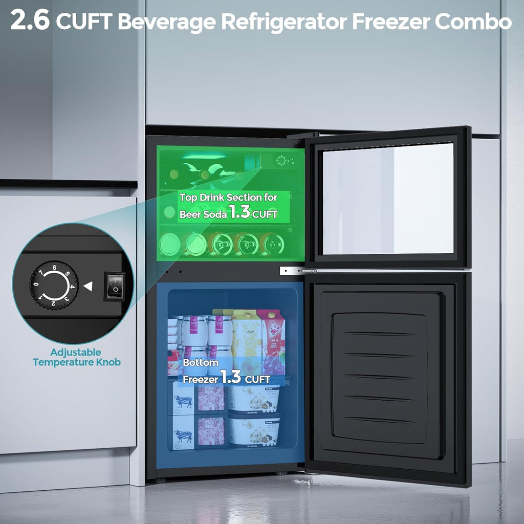 Beverage Refrigerator with Freezer, 2.6 Cu.Ft Compact Refrigerator, Reversible Door, Adjustable Thermostat, Mini Fridge for Bedroom, Office