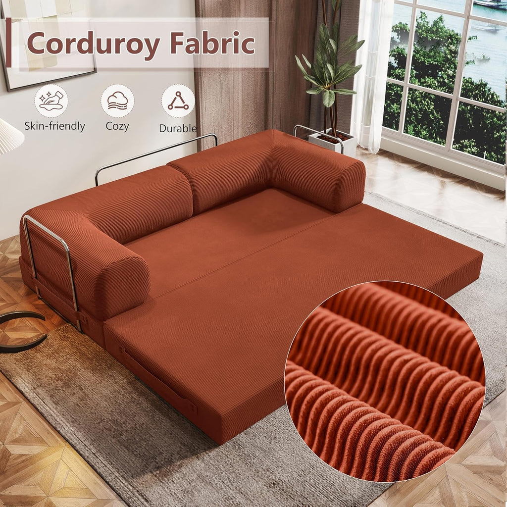 78.8" Folding Convertible Sofa Bed, 4-in-1 Floor Sofa Modular Futon Couch .Pull Out Couch Memory Foam King Size Sofa Bed .No Assembly Needed Boneless Couch for Living Room（Orange）