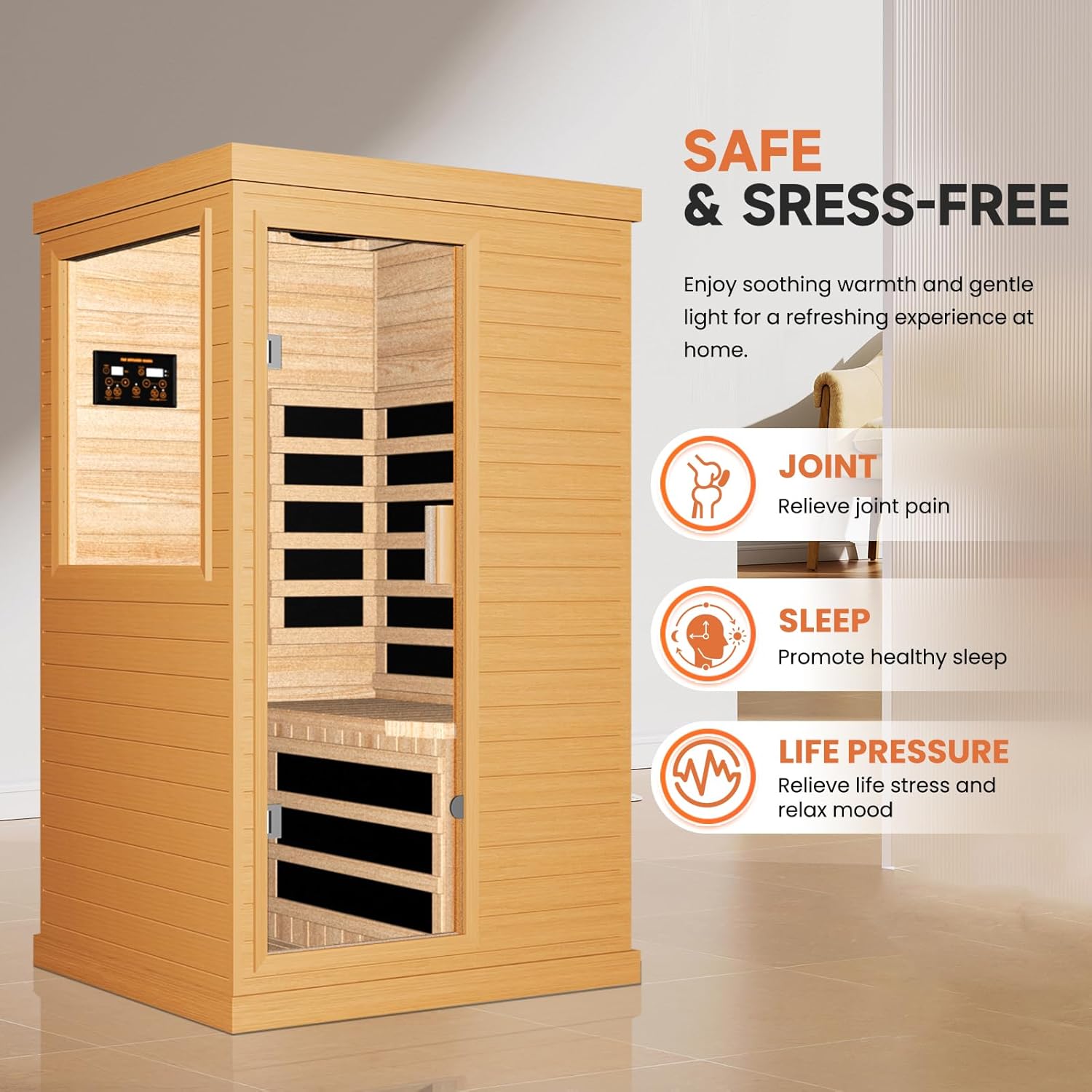 Far Infrared Sauna Home Sauna Spa Room Canadian Hemlock Wood 1200W Indoor Saunas Low EMF 110V with 7 Color Light and Tempered Glass Door  Room: 35.2 * 27.6 * 61.6Inch