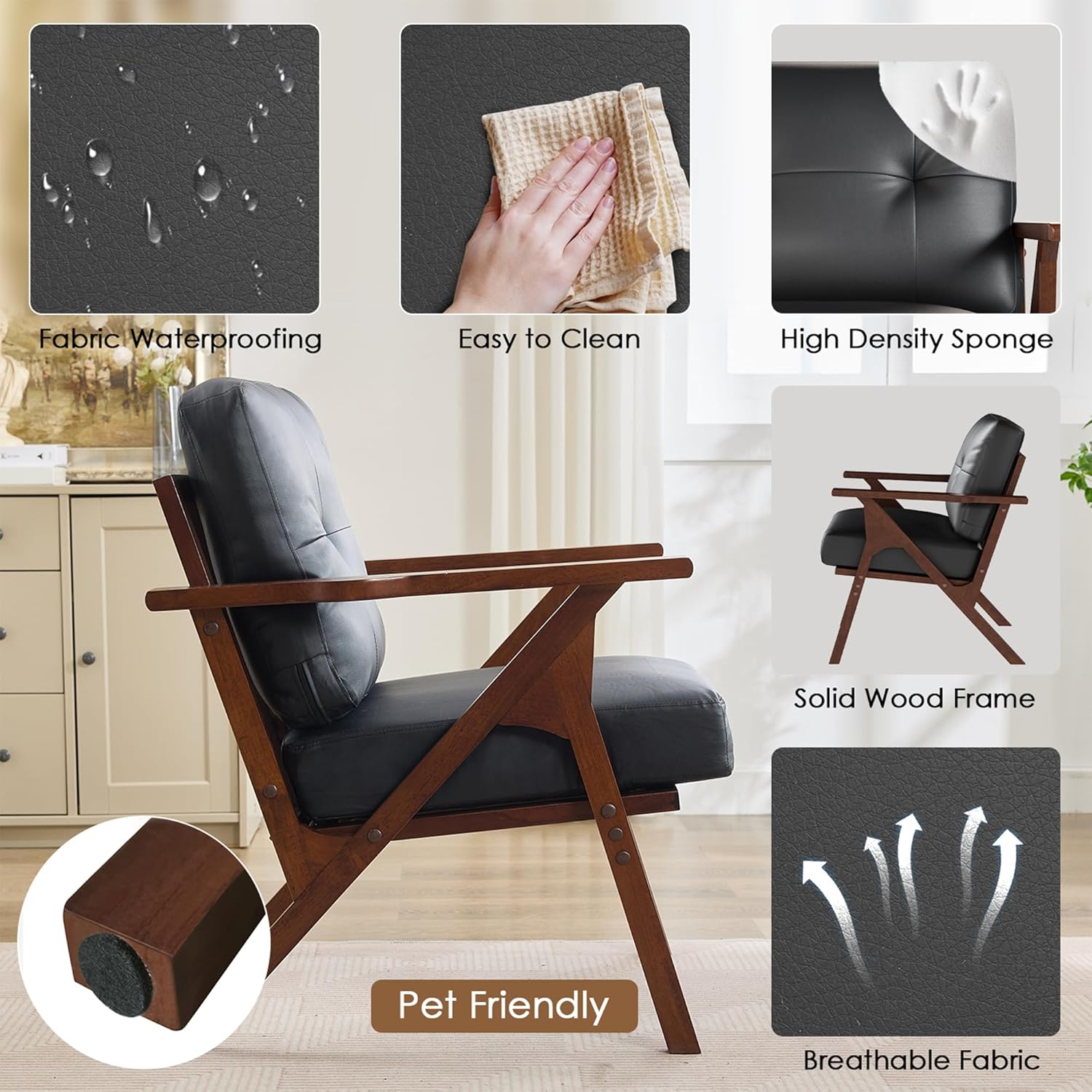 STHOUYN Black Leather Office Accent Chair Set of 2 with Wooden Arms, Comfy Guest Waiting Room Chairs, Mid Century Modern Chair, Side Arm Chairs for Living Room (Black, 2pcs)