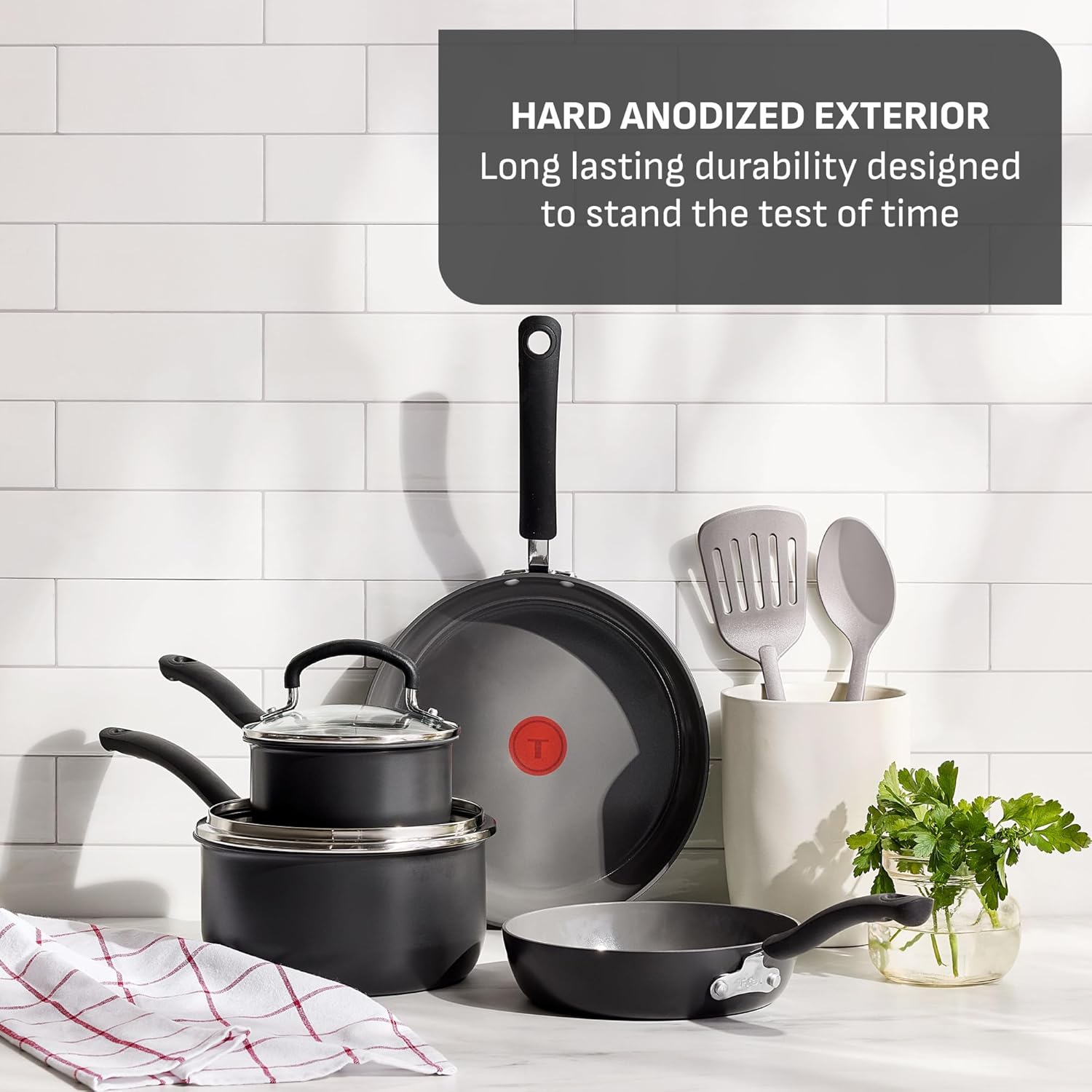 T-Fal Ultimate Hard Anodized Ceramic Nonstick 8 Piece Cookware Set, Oven Safe Up to 400°F, Dishwasher Safe, Pots and Pans Set, Includes Frying Pans, Saucepan, Cooking Utensils, Stone