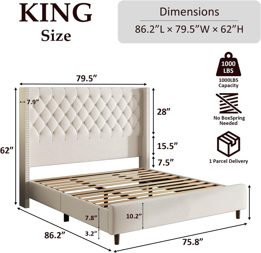 King Size Bed Frame, Upholstered Platform Bed with 62" Tall Wingback Headboard, Velvet Modern Luxury Design, No Box Spring Needed, Easy Assembly, Noise Free, Beige