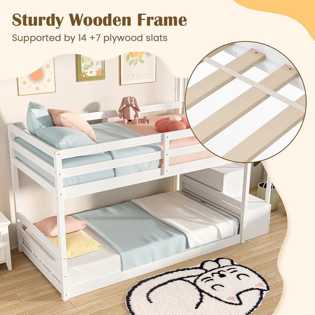 Giantex Twin Over Twin Bunk Bed with Stairs, Solid Wood Floor Bunk Bed with Storage Staircase & Full-Length Guardrails, Low Bunk Bed with for Kids, Teens, Adults, Dorm, Small Space, White