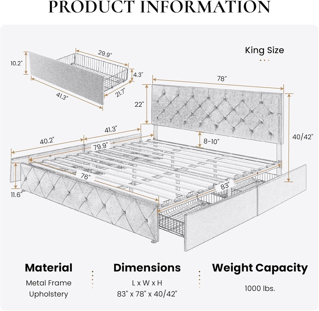 SHA CERLIN Upholstered King Size Platform Bed Frame with 4 Storage Drawers, Adjustable Headboard with Diamond Stitched Button Tufted Design, Wooden Slat Support, No Box Spring Needed, Light Grey