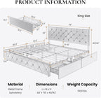 SHA CERLIN Upholstered King Size Platform Bed Frame with 4 Storage Drawers, Adjustable Headboard with Diamond Stitched Button Tufted Design, Wooden Slat Support, No Box Spring Needed, Light Grey