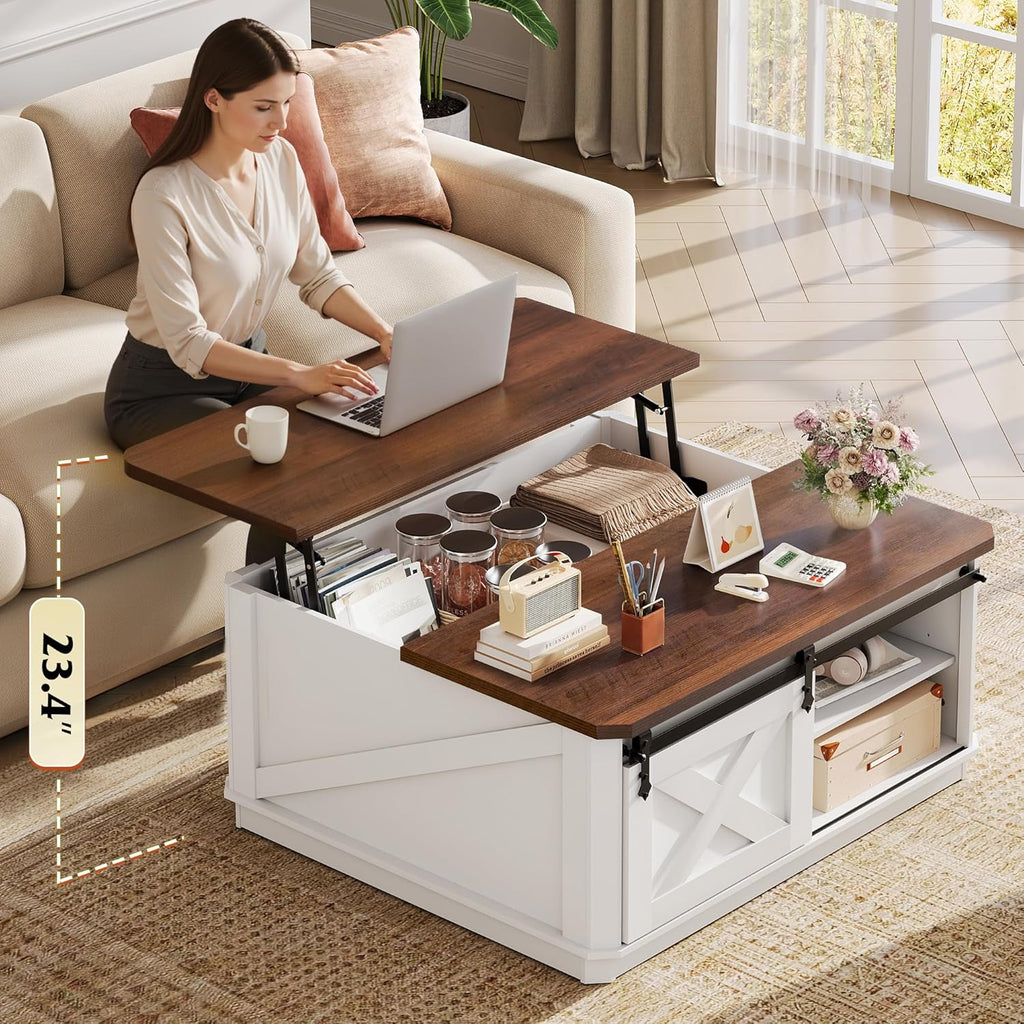 WLIVE Framhouse Coffee Table with Storage, 35.5" Lift Top Coffee Table for Living Room, Square Center Table, Rustic Cocktail Table with Sliding Barn Doors, Curevd Base, White