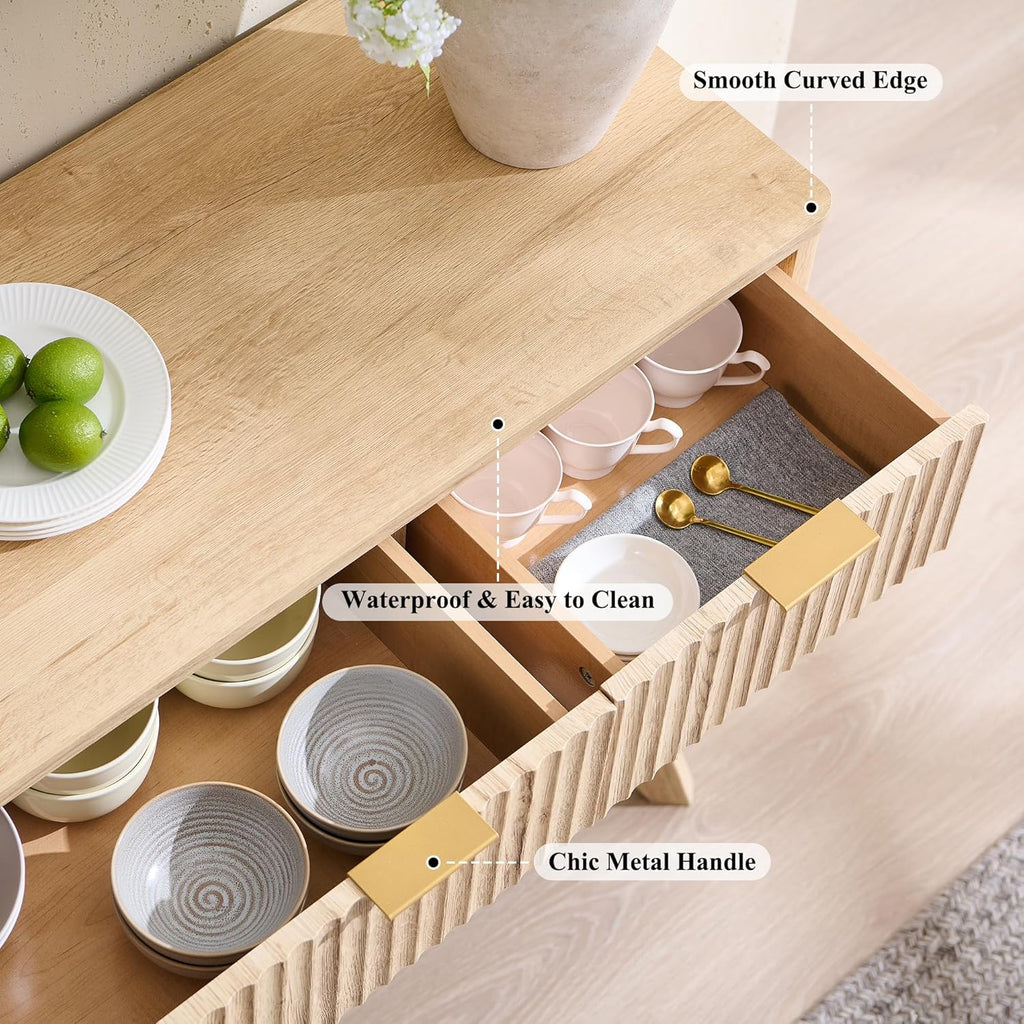 T4TREAM Large Buffet Sideboard Cabinet with Storages, 60" Fluted Modern Buffet Table Coffee Bar Wine Bar Storage Cabinet with 3 Drawers & 4 Doors for Dining Room, Living Room, Hallway(Natural Oak) | with Storages, Coffee Bar, Wine Bar, Storage Cabine