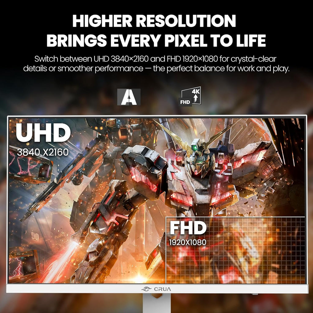 CRUA 27” Gaming Monitor  IPS UHD 3840x2160 4K 160Hz / FHD 320Hz Dual Mode White Computer Monitor  Rotating/Pivot & Height-Adjustable  AMD FreeSync  Built-in Speakers  PIP/PBP  HDMI 2.1 & DP 1.4