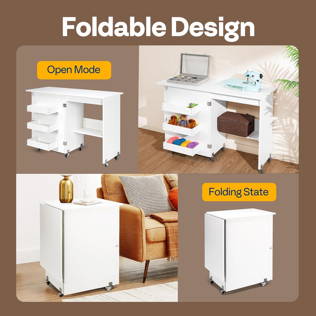 VIVOHOME Folding Sewing Craft Table, Rolling Sewing Machine Desk with Storage Shelves, Sewing Cabinet with Lift for Small Spaces, White