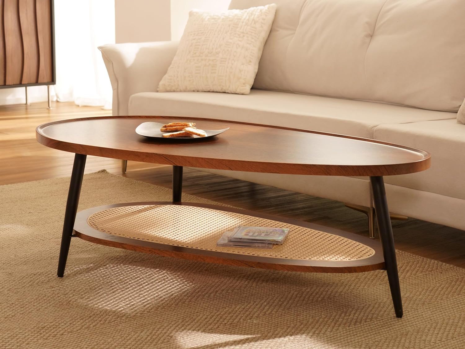 Shrine Oval Wood and Rattan Coffee Table, Mid-Century Modern Coffee Table, Two-Tier Brown Walnut Table for Living Room, D47.2''x W25''x H15.3'', Walnut Wood Top and Woven Rattan Base