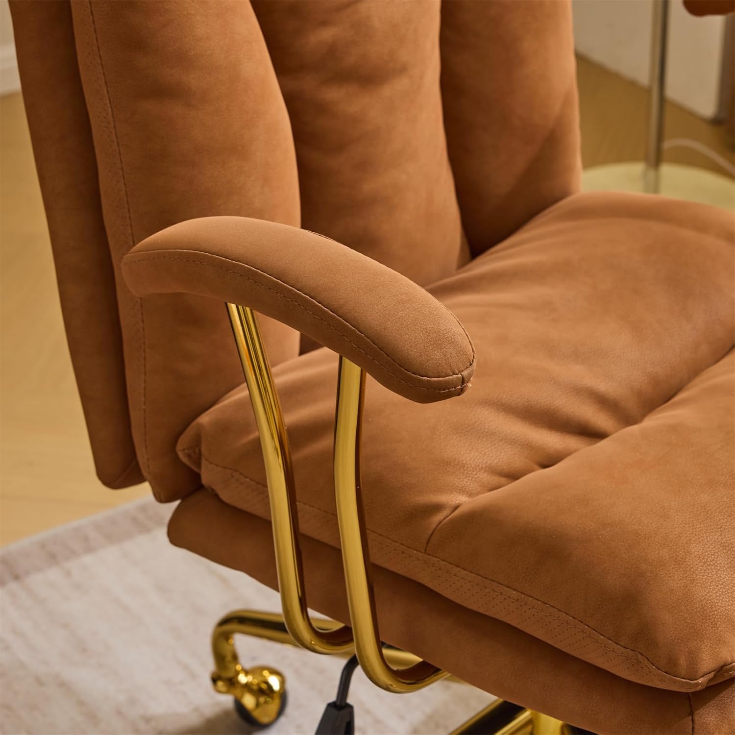 VINGLI Home Office Desk Chair Comfy with wheels&Removable Armrests,Gold Base Vanity Chair with Back,Adjustable Rolling Swivel Computer Task Chair for Study,Makeup,Office,Bedroom,Microfiber/Suede,Brown