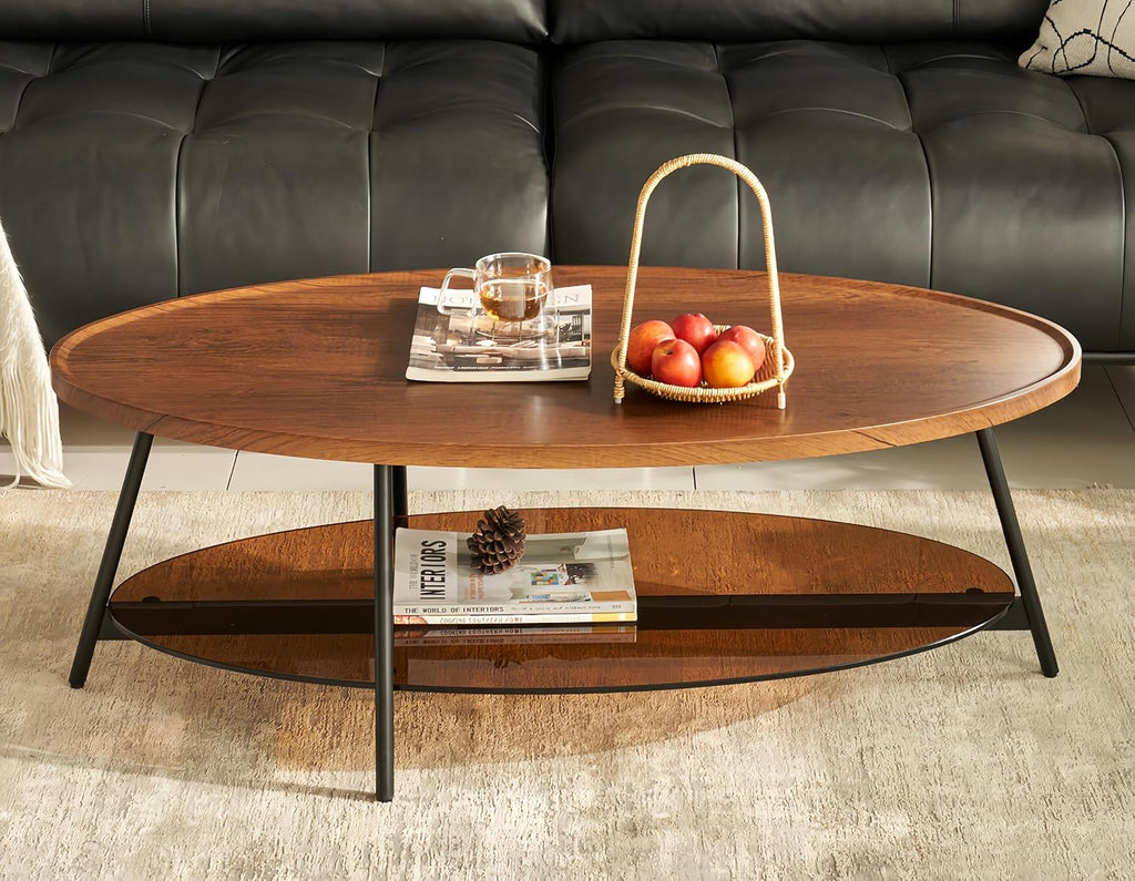 Shrine Glass Coffee Table, Black Walnut Table for Living Room, Glass and Wood Table, 43.3" D x 21.6" W x 15.7" H, Brown Glass Base, Walnut Wood Top&Black Metal Frame