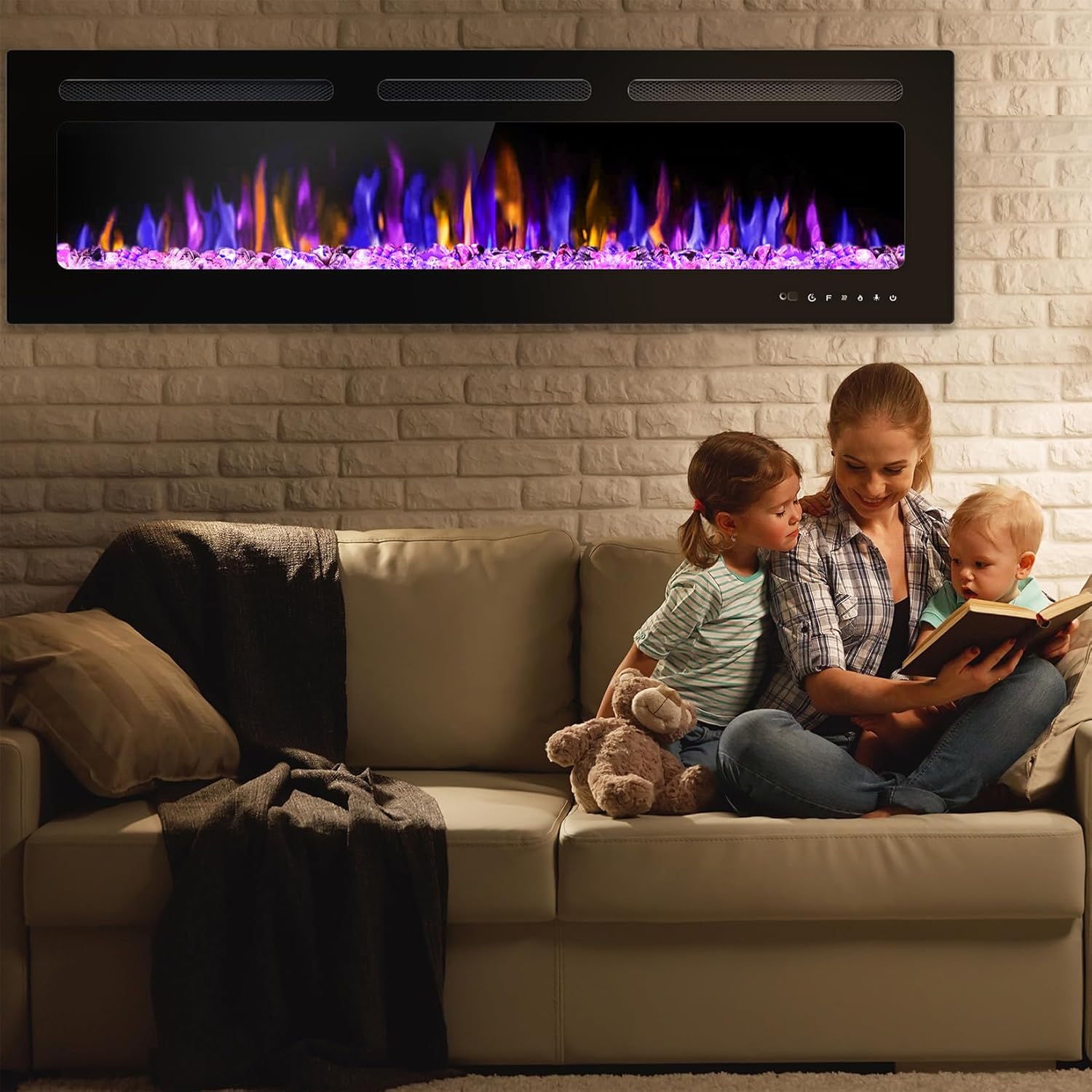 60" Electric Fireplace Wall Mounted and Recessed with Remote Control, 750/1500W Ultra-Thin Wall Fireplace Heater W/Timer Adjustable Flame Color and Brightness, Log Set & Crystal Options