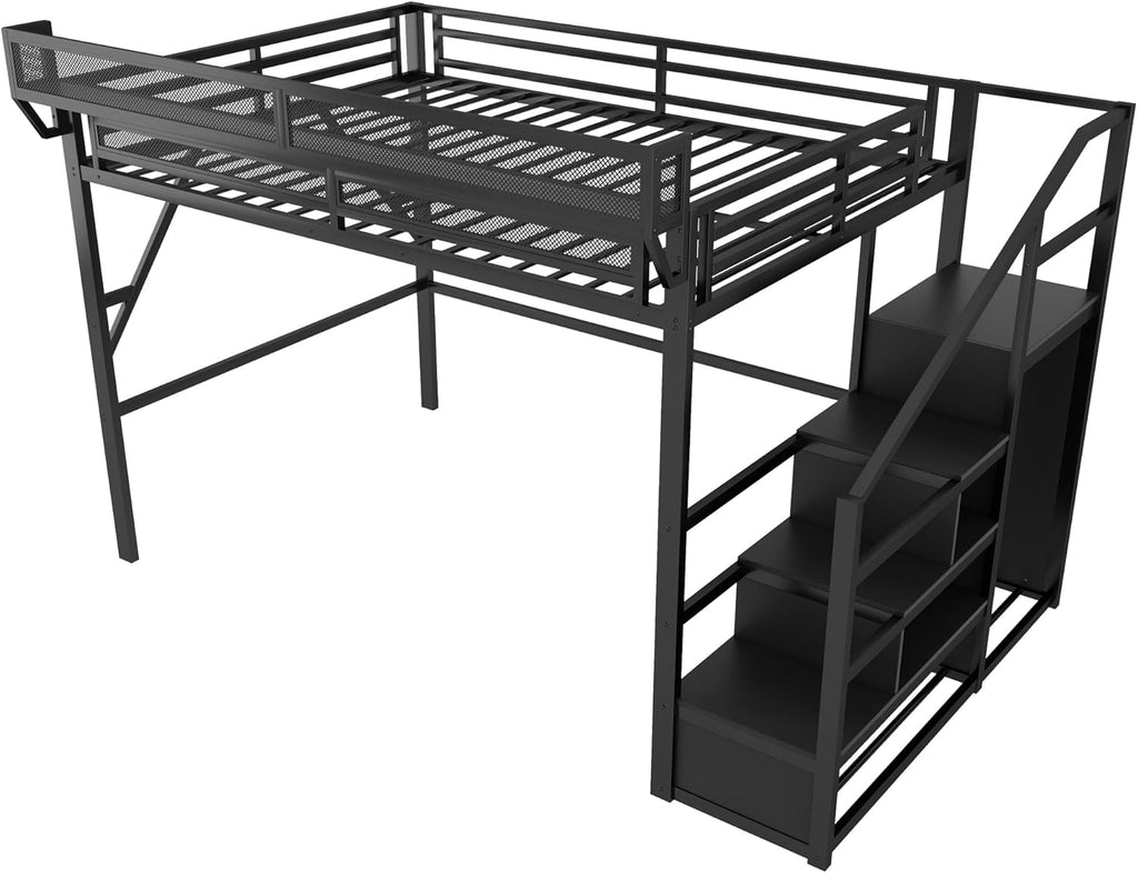 Queen Size Loft Bed with Stairs and Storage, Metal Loft Bed Frame with Bedside Shelf and Large Under-Bed Space, Heavy-Duty Loft Beds for Adults Teens and Kids, Convertible Staircase, Black