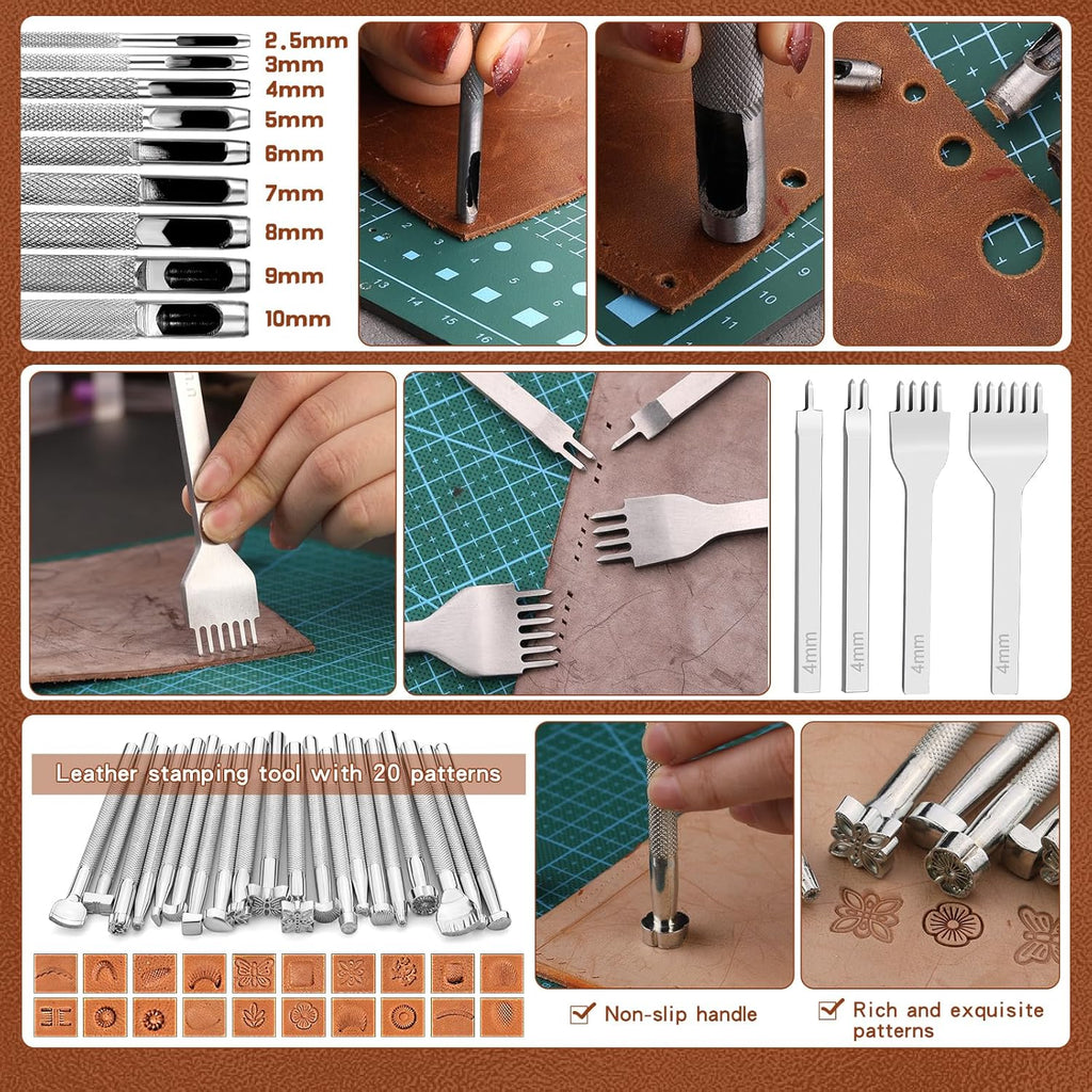 TLKKUE Leather Tooling Kit Leather Craft Tools Leatherworking Kit with Custom Handbag Cutting Mats Engraving Punching Sewing Stamping Sanding Tools for Handicraft Work Professional