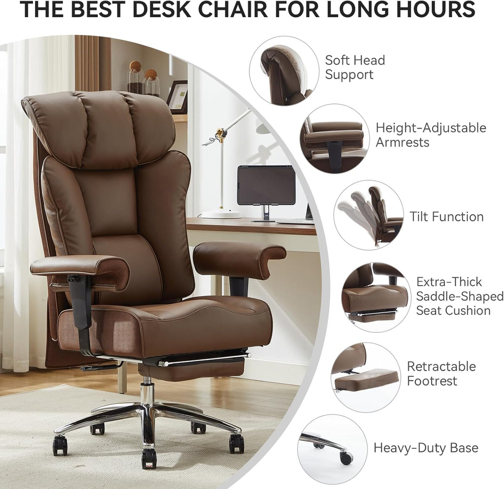 Efomao Big and Tall Office Chair 400lbs - Heavy Duty Executive Desk Chair with Foot Rest & 23" Wide Seat - High Back Ergonomic Leather Computer Chair for Heavy People, Home Office, Brown