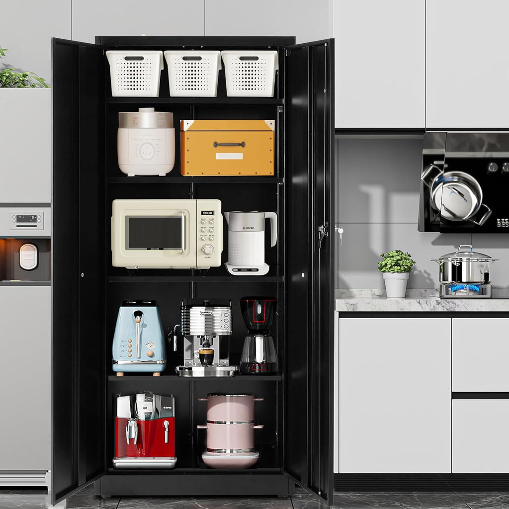 DUMOS Metal Storage Cabinet, 71" Locking Steel Storage Cabinet with 2 Doors and 5 Shelves, Tall Steel Cabinet for Garage, Home, Office, Gym,School, Black